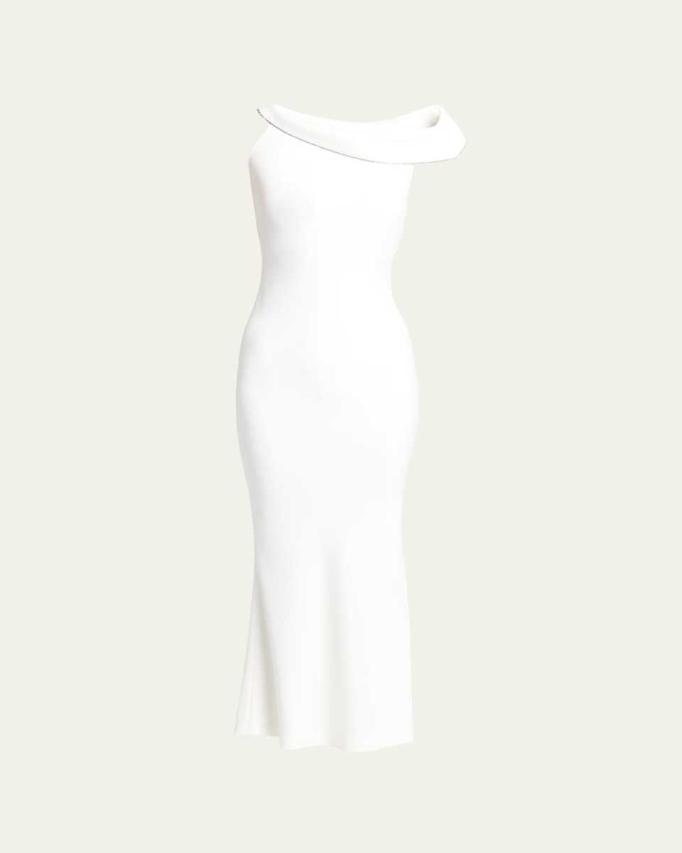 Off-Shoulder Satin Crystal Trim Gown